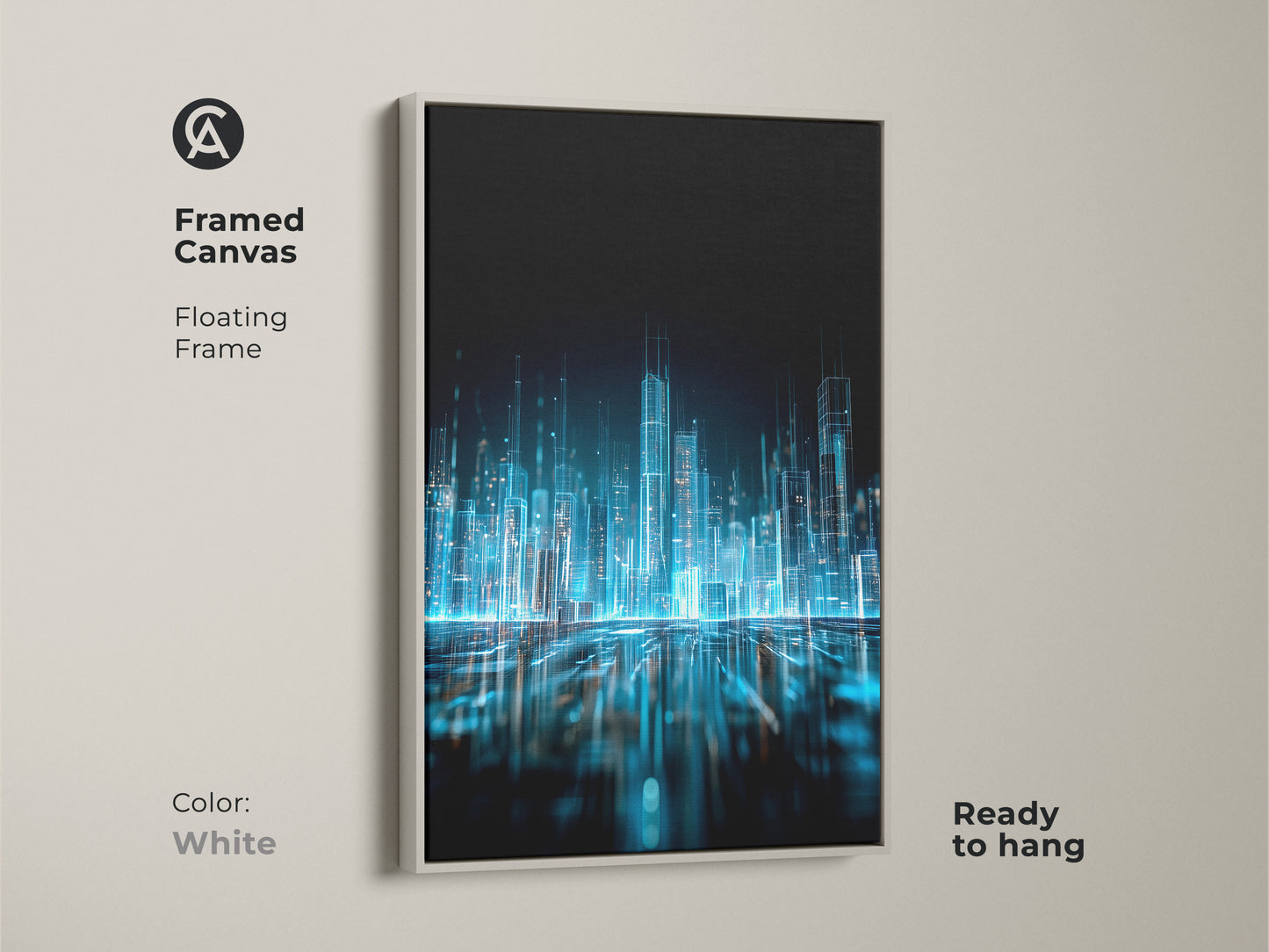 Framed canvas featuring an abstract city. This futuristic artwork is framed in white. The art is matted with a floating frame. This contemporary art piece is ready to hang. Enhance your home today.