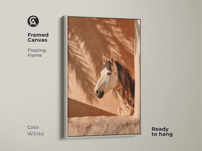 Framed canvas featuring photorealistic horse artwork in a white floating frame. Boho terracotta wall art with palm fronds creates an equestrian bedroom decor. Ready to hang animal portrait wall hanging. Ideal gift for horse lovers seeking warm tone animal art.
