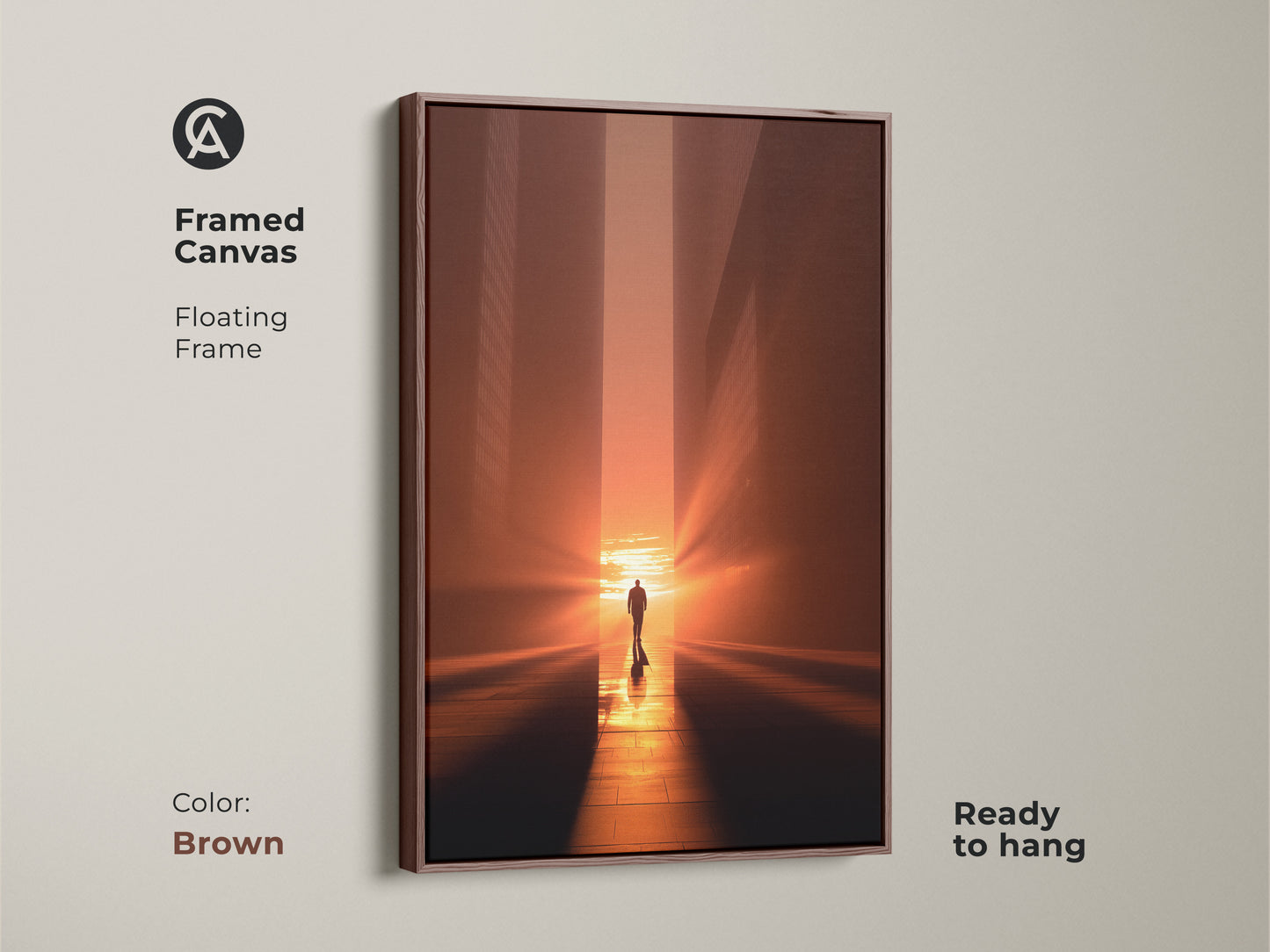Framed canvas with a floating brown frame highlighting minimalist lone man art. The golden hour wall art captures a modern urban sunset. Ready to hang this inspirational figure art brings amber sunset warmth. Contemporary cityscape canvas is perfect for any decor.