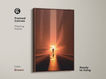 Framed canvas with a floating brown frame highlighting minimalist lone man art. The golden hour wall art captures a modern urban sunset. Ready to hang this inspirational figure art brings amber sunset warmth. Contemporary cityscape canvas is perfect for any decor.