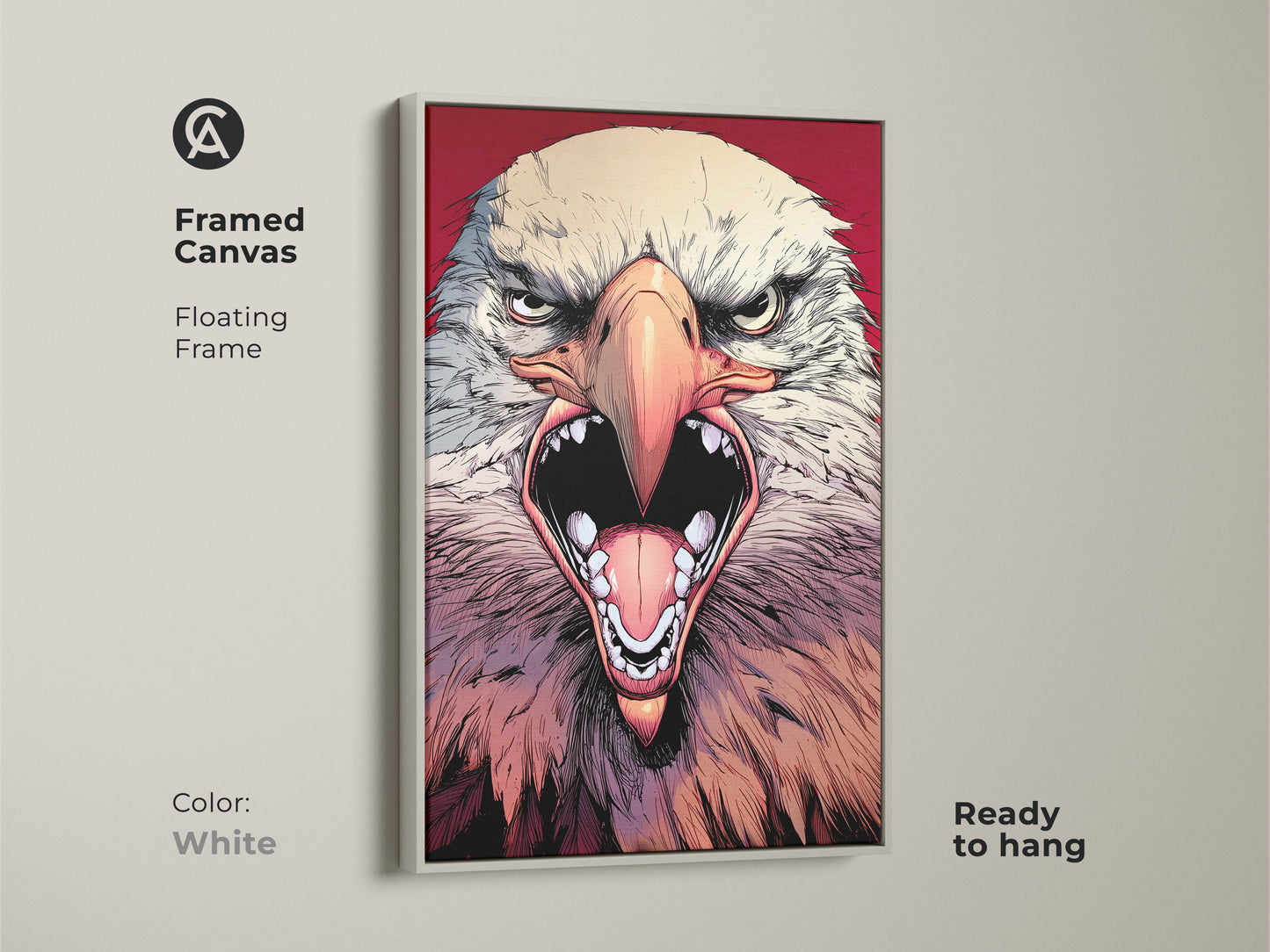 This framed canvas features a fiercely detailed eagle in a dynamic comic art style. The white floating frame modern artwork is perfect for adding a touch of primal energy to your office space. Ideal as a gift. Ready to hang.