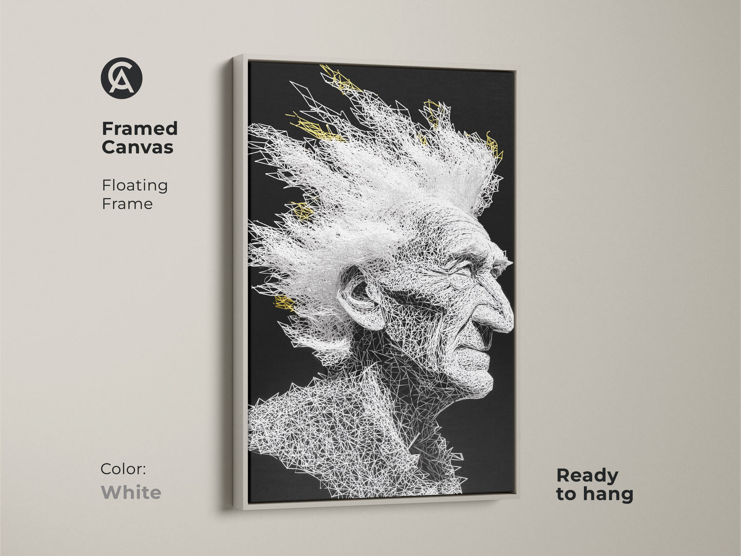 Framed canvas art featuring a portrait of an old man with a white mohawk hairstyle. The art is created using white lines on a black background. The frame is white and floating. Ready to hang in any room or office.