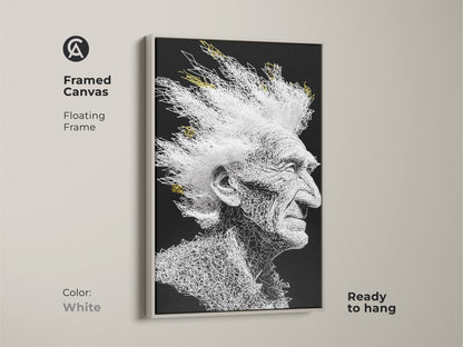 Framed canvas art featuring a portrait of an old man with a white mohawk hairstyle. The art is created using white lines on a black background. The frame is white and floating. Ready to hang in any room or office.
