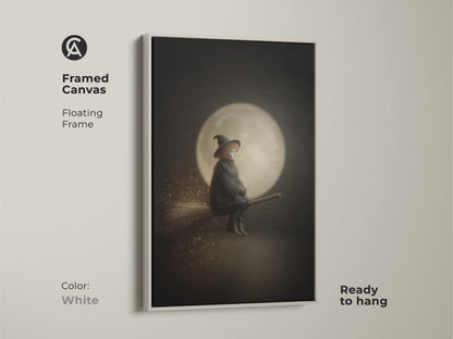 Framed canvas of a witch on a broomstick art with a floating white frame. Gothic moon wall decor in a black and gold palette. Ready to hang for easy display. Perfect eclectic witchy decor for Halloween enthusiasts. This dark academia wall art adds a touch of fantasy.