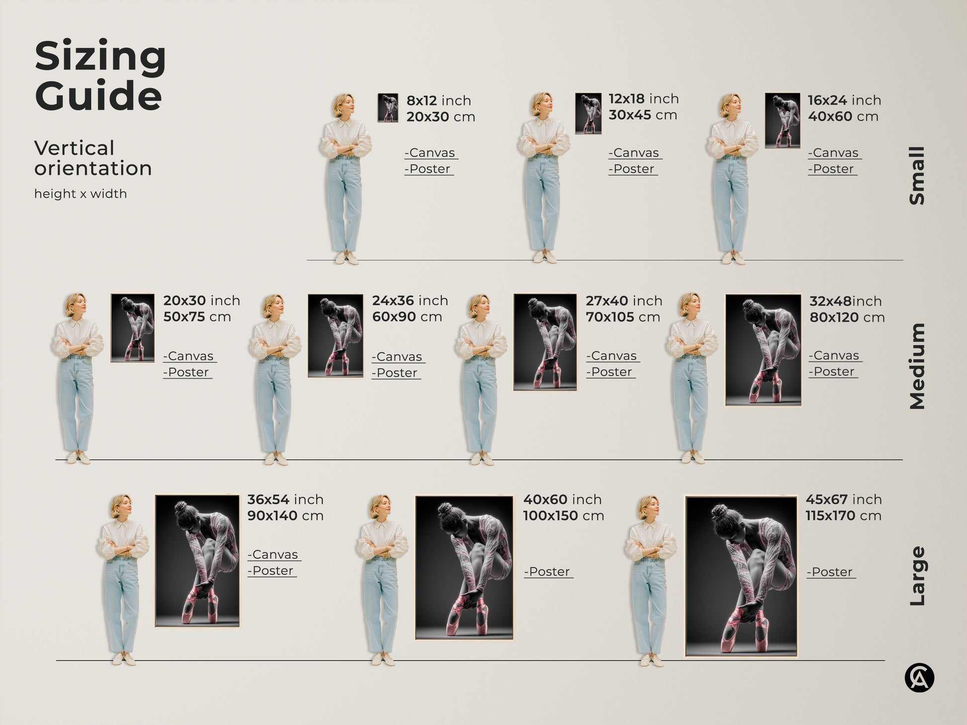 Sizing guide for vertical ballerina artwork. Available in small medium and large sizes. Options include canvas and poster prints. Find the perfect size to fit your wall. Decorate your home with art.