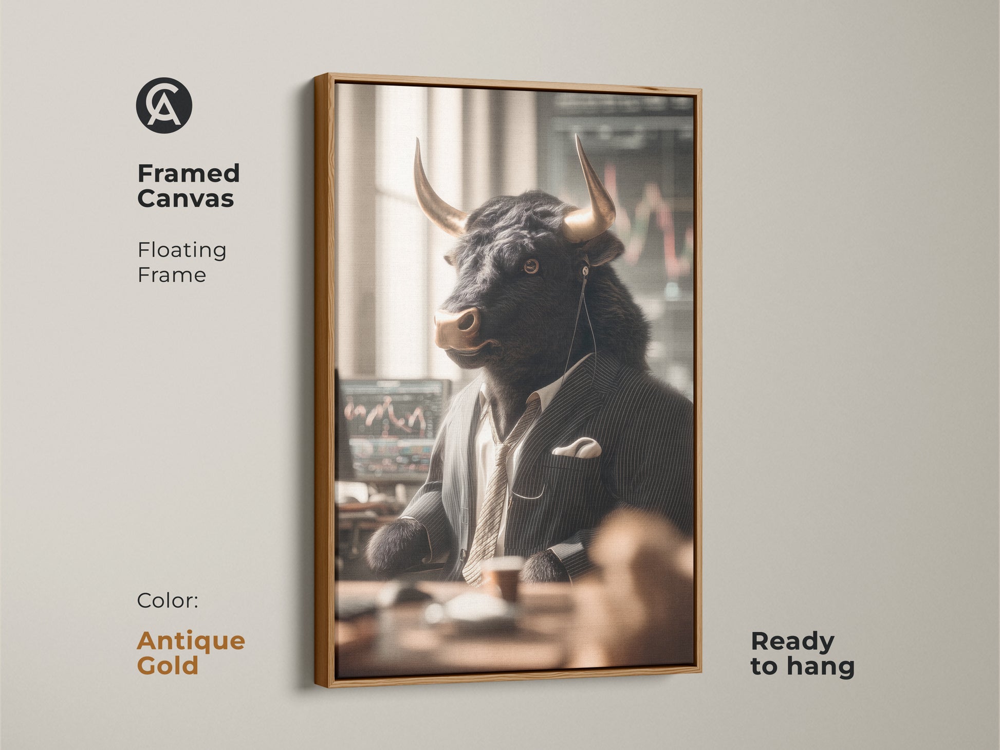 Framed canvas artwork featuring a bull as a Wall Street trader. The floating frame is antique gold. This ready to hang piece makes a bold statement. The bull in a suit and tie is depicted reviewing stock charts. Perfect for office decor.