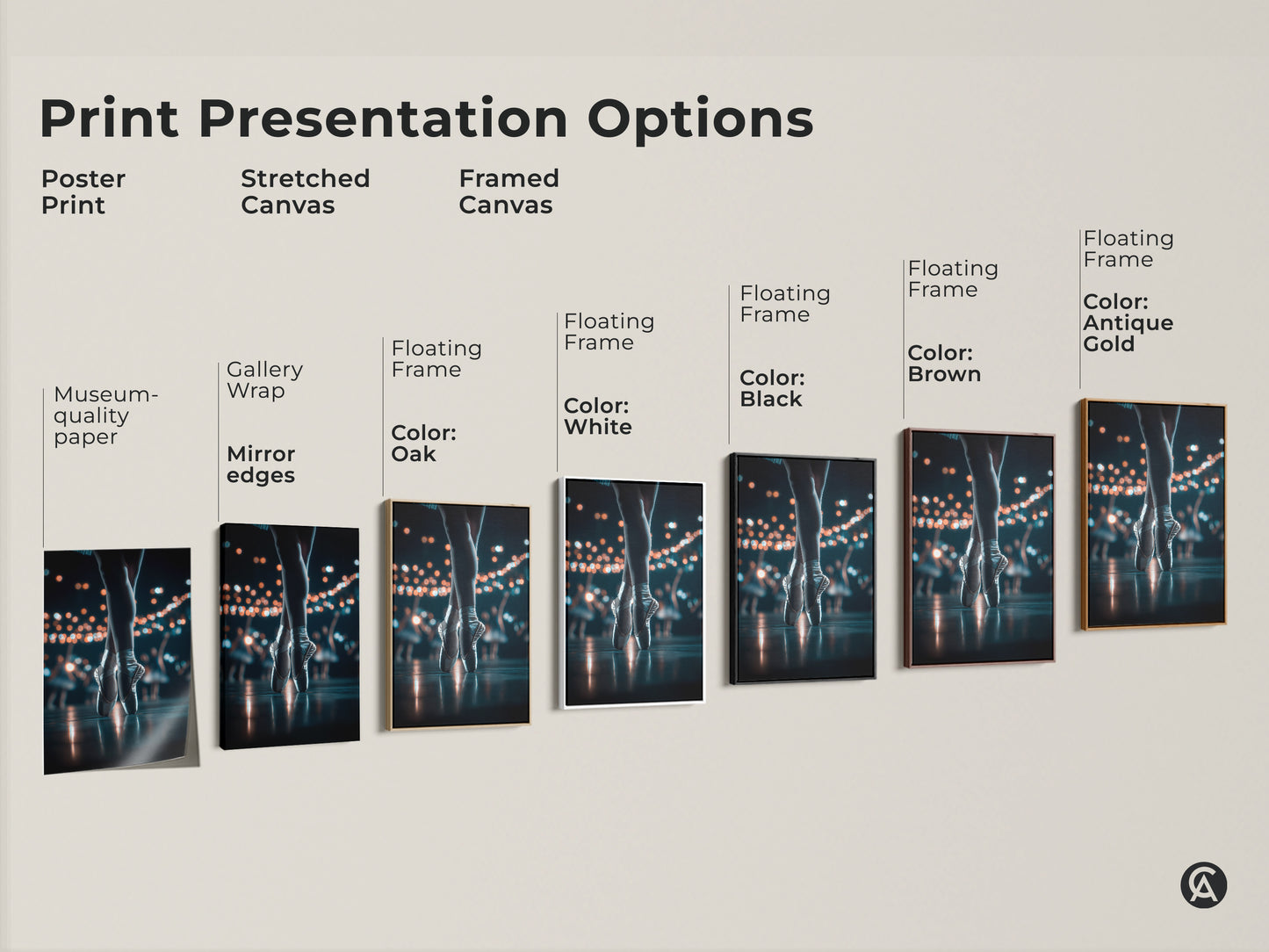 Explore print presentation options for ballerina feet artwork. Choose from poster prints stretched canvas and framed canvas. Select a style that matches your home decor. Find the perfect art piece for dance lovers and art collectors.