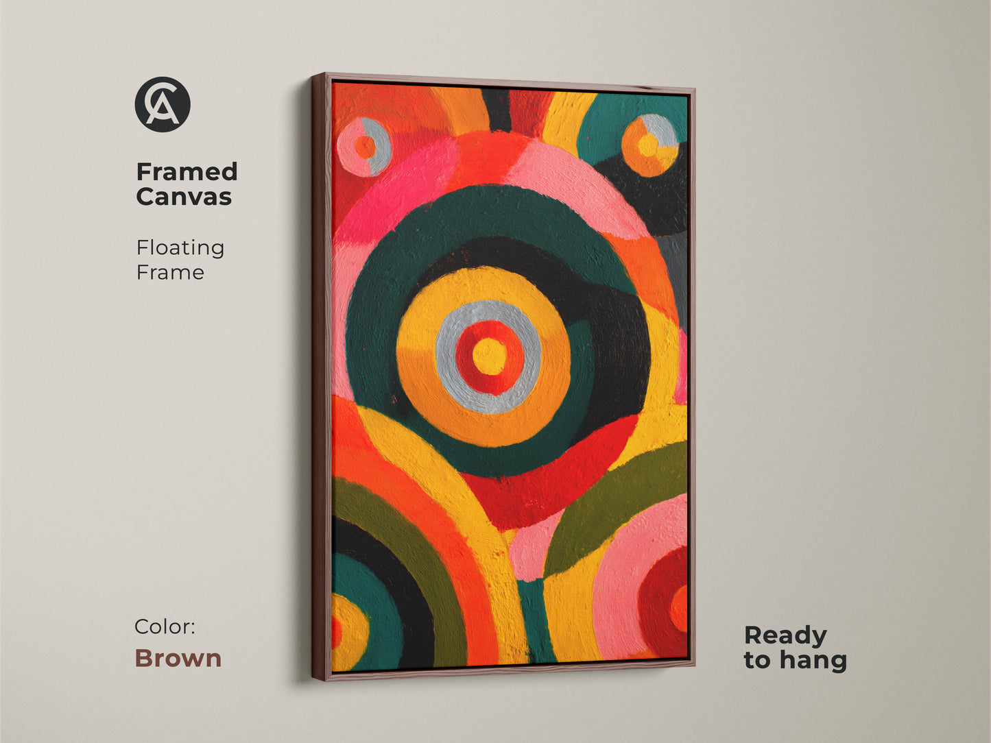 Framed canvas featuring abstract circles artwork with a brown floating frame. Ready to hang geometric art print. The orange yellow pink hues of this modern eclectic artwork makes it great bedroom wall decor. This art is ideal for art lovers.
