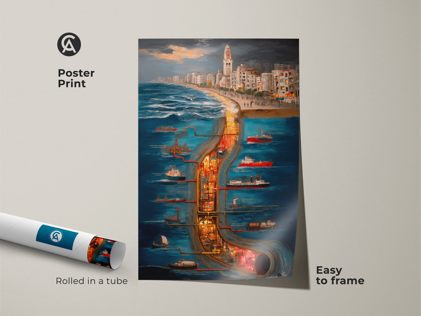 Poster Print features a surreal cityscape maritime industrial scene. The rolled art is easy to frame for unique wall decor. Deep blue orange and yellow tones make it perfect for eclectic home decor. This artistic urban scene captures a ship and city skyline. It is perfect for travel enthusiasts looking for eclectic home decor.