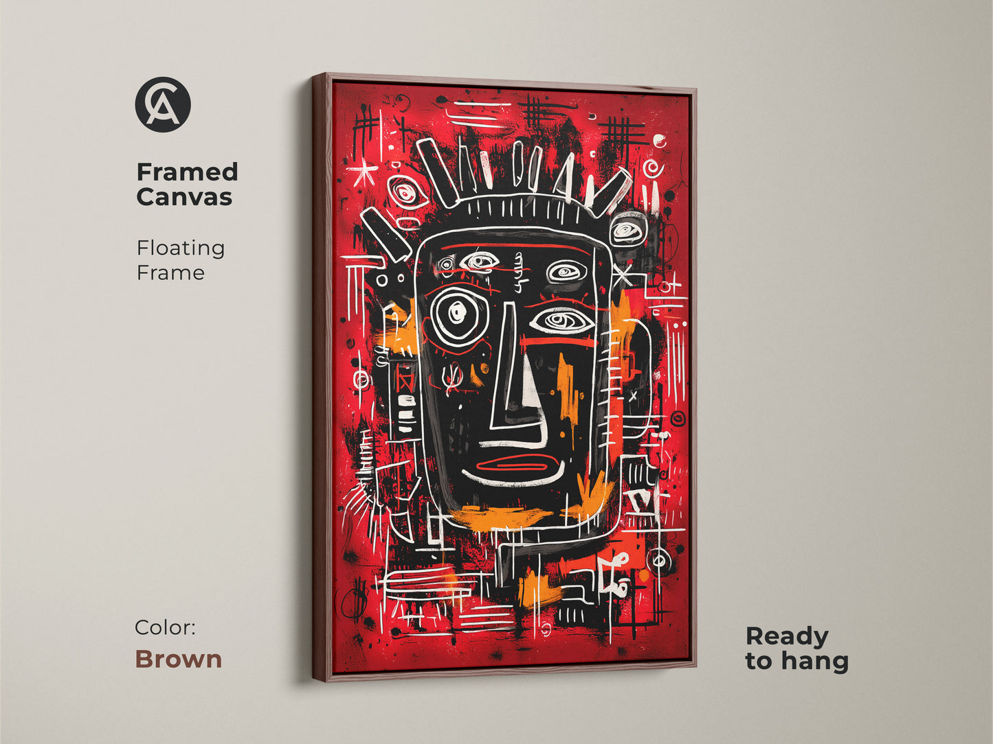 Framed canvas art with a floating frame. The artwork features an abstract face. The frame is brown and ready to hang. The warm tones and unique style bring a contemporary feel to your decor.