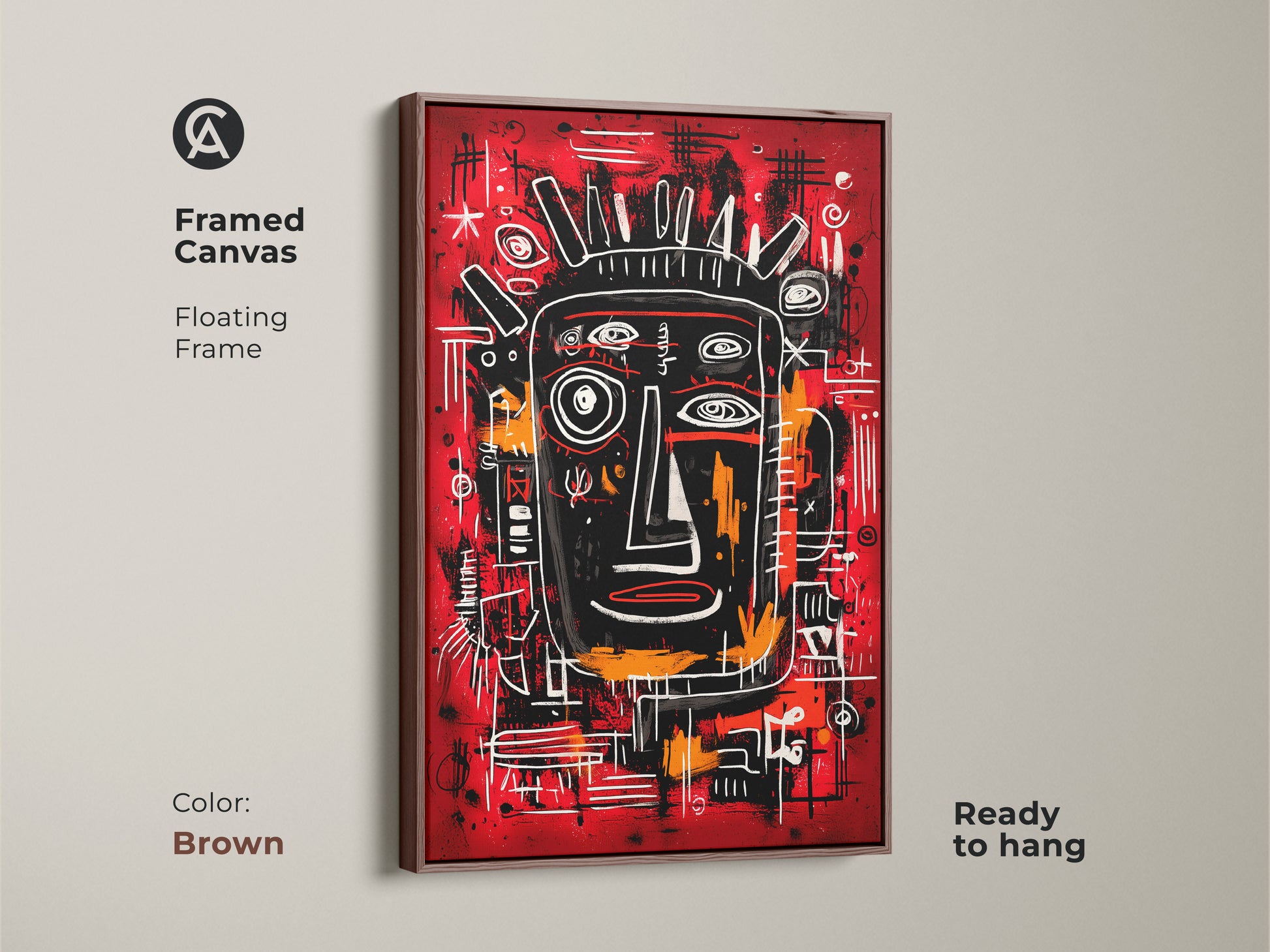 Framed canvas art with a floating frame. The artwork features an abstract face. The frame is brown and ready to hang. The warm tones and unique style bring a contemporary feel to your decor.