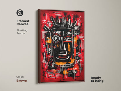 Framed canvas art with a floating frame. The artwork features an abstract face. The frame is brown and ready to hang. The warm tones and unique style bring a contemporary feel to your decor.
