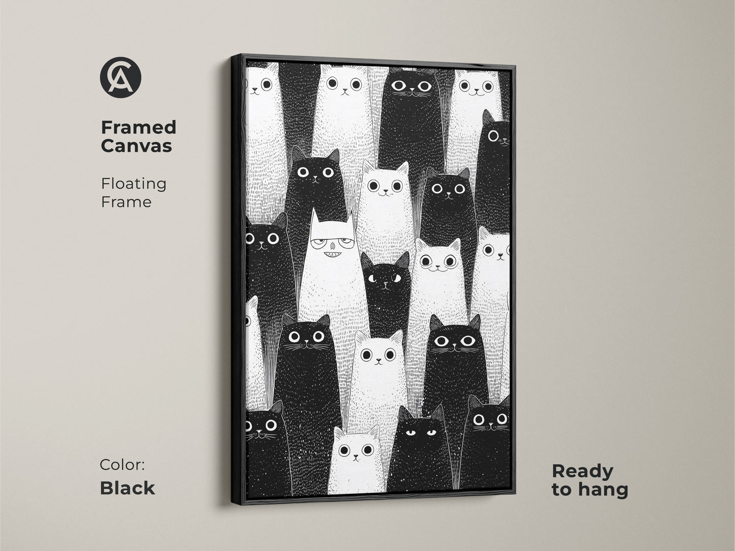 Black framed canvas with minimalist cat artwork. The black and white feline print adds a modern touch. Ready to hang wall art for cat enthusiasts. A unique gift.