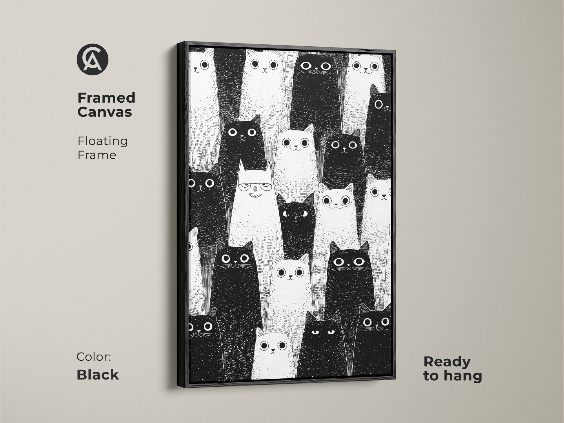 Black framed canvas with minimalist cat artwork. The black and white feline print adds a modern touch. Ready to hang wall art for cat enthusiasts. A unique gift.
