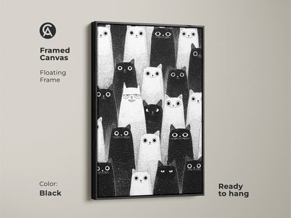Black framed canvas with minimalist cat artwork. The black and white feline print adds a modern touch. Ready to hang wall art for cat enthusiasts. A unique gift.
