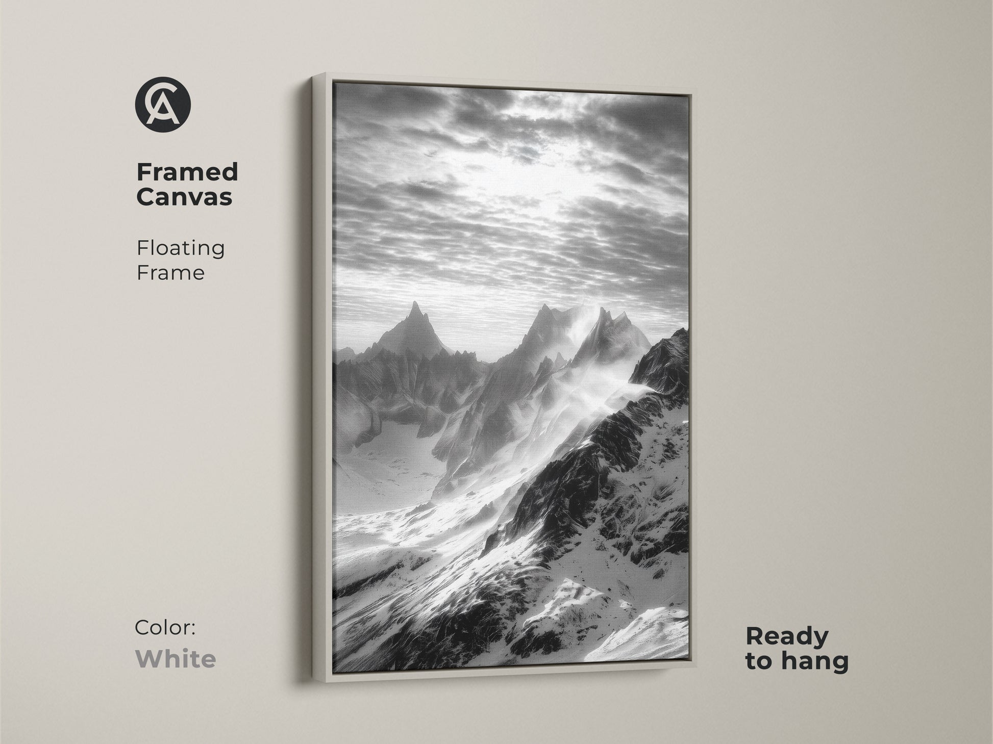 Framed canvas showcasing monochrome mountain art. The snowy peaks canvas print comes in a floating white frame. This black and white landscape adds elegance to any room. Nature wall decor perfect for modern homes.