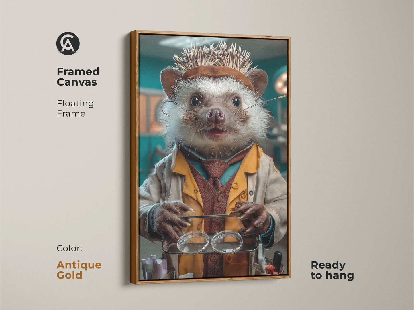 Framed canvas featuring the Science Hedgehog Canvas Art. The animal doctor print has a floating antique gold frame ready to hang. This tan & teal eclectic wall decor is a creative gift for veterinarians. It adds a touch of eclectic personality to any office veterinary clinic or home study.