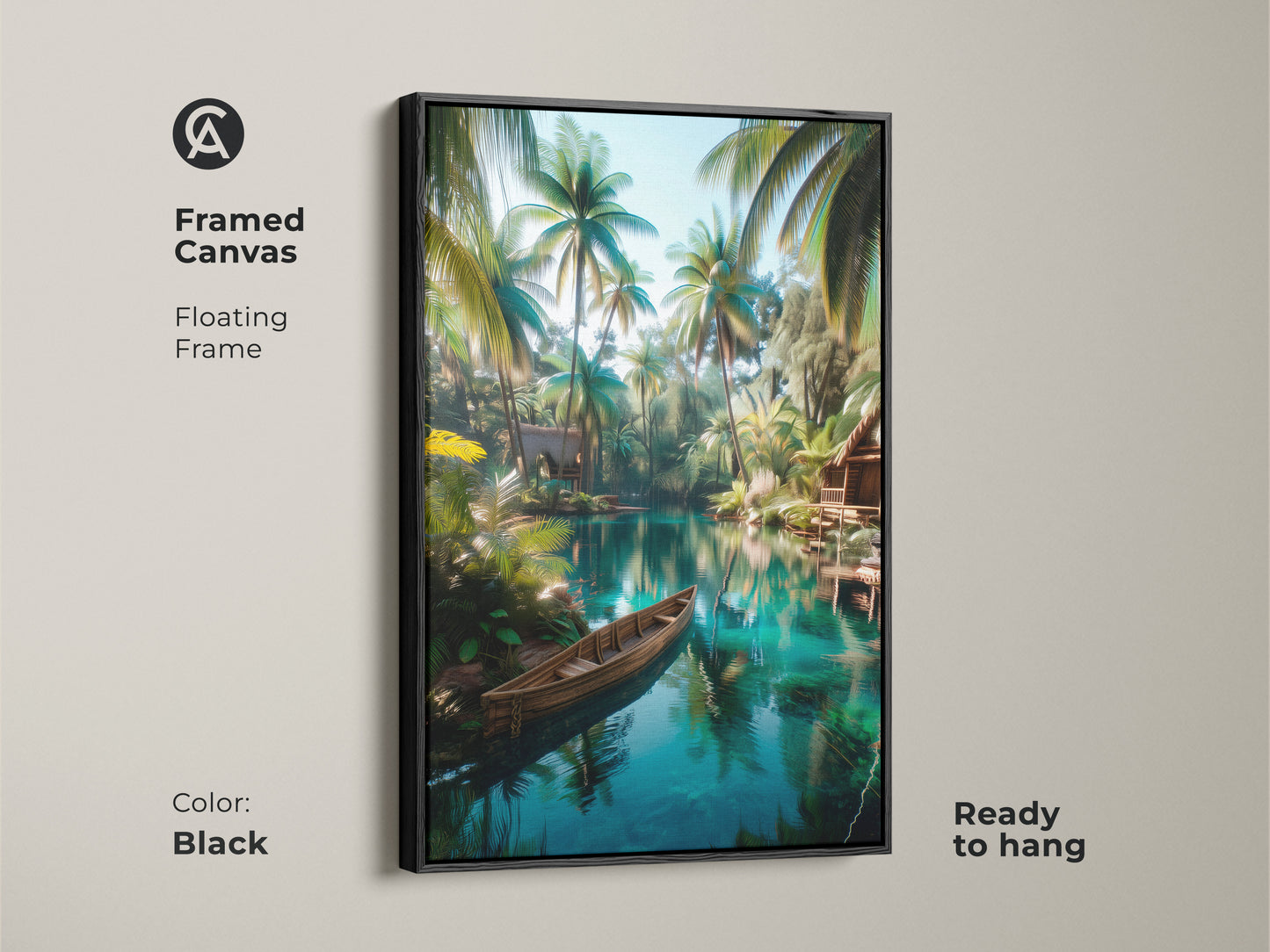 Black framed canvas showing tropical art of a lagoon with palm trees and a boat. This ready-to-hang artwork adds elegance to any wall. The floating frame enhances the beauty of the scene. This canvas captures the essence of a tropical paradise. Bring the tranquility of the tropics into your home.