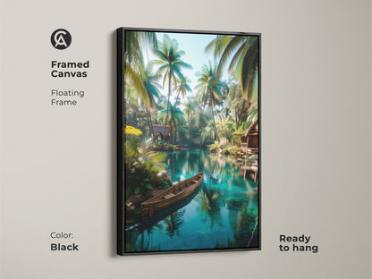 Black framed canvas showing tropical art of a lagoon with palm trees and a boat. This ready-to-hang artwork adds elegance to any wall. The floating frame enhances the beauty of the scene. This canvas captures the essence of a tropical paradise. Bring the tranquility of the tropics into your home.