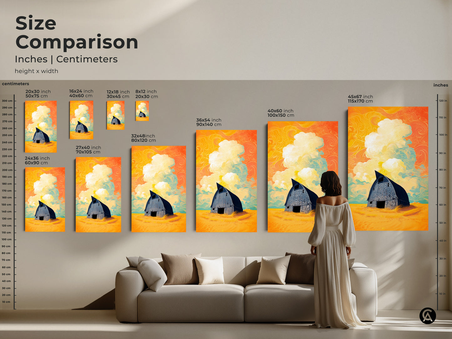 Size comparison of the surreal barn artwork in various sizes. Displayed over a couch you can see the art ranging from small to large. The yellow orange teal art enhances the interior. The eclectic farmhouse art piece makes a statement in any setting.