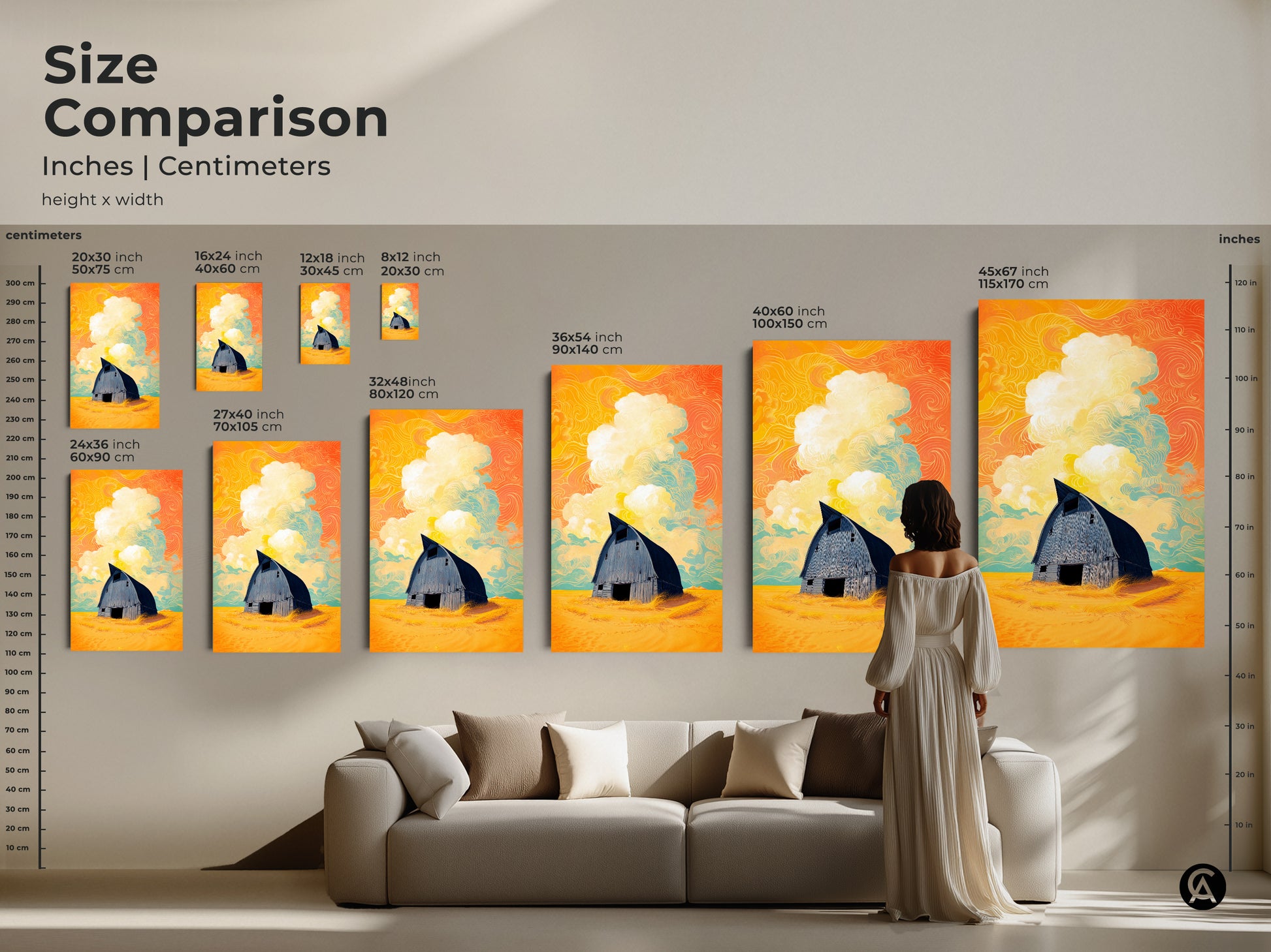 Size comparison of the surreal barn artwork in various sizes. Displayed over a couch you can see the art ranging from small to large. The yellow orange teal art enhances the interior. The eclectic farmhouse art piece makes a statement in any setting.