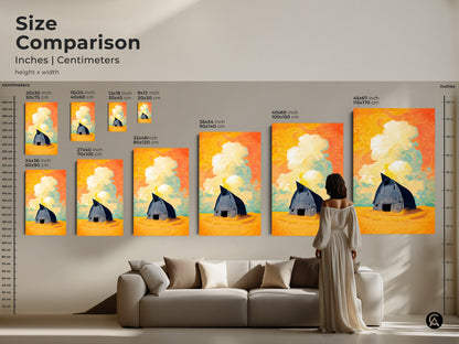 Size comparison of the surreal barn artwork in various sizes. Displayed over a couch you can see the art ranging from small to large. The yellow orange teal art enhances the interior. The eclectic farmhouse art piece makes a statement in any setting.