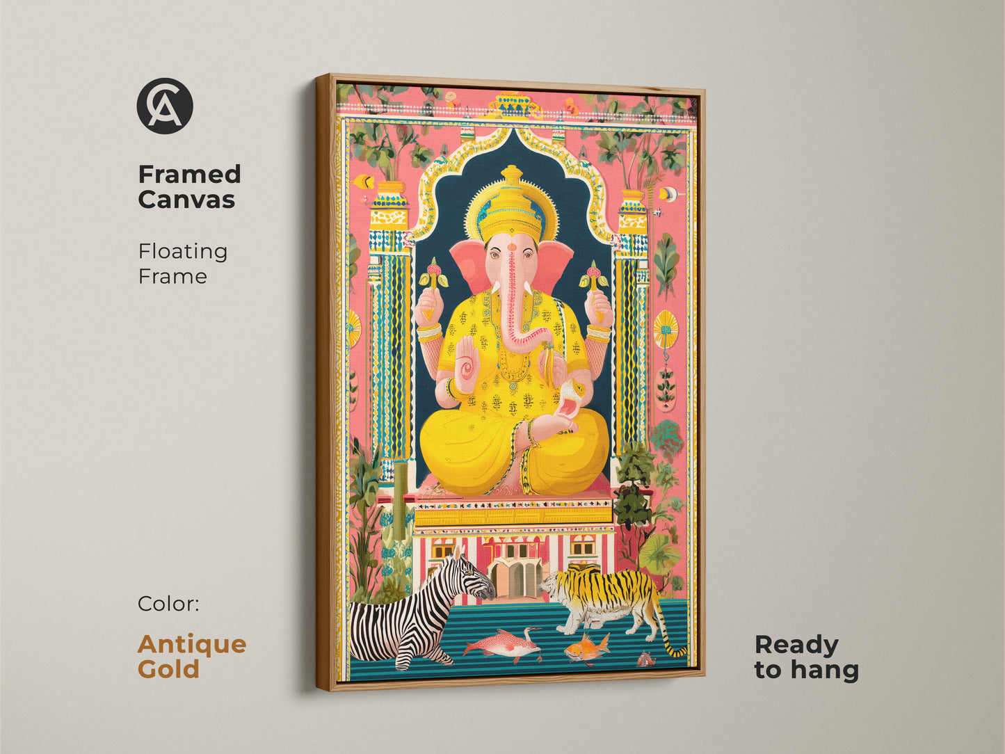 Framed Canvas with antique gold floating frame Spiritual Ganesha. It features a blend of Boho Folk art style. The artwork incorporates elements like tigers zebras adding a worldly charm. Perfect as housewarming gift religious home decor