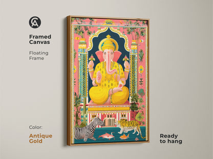 Framed Canvas with antique gold floating frame Spiritual Ganesha. It features a blend of Boho Folk art style. The artwork incorporates elements like tigers zebras adding a worldly charm. Perfect as housewarming gift religious home decor