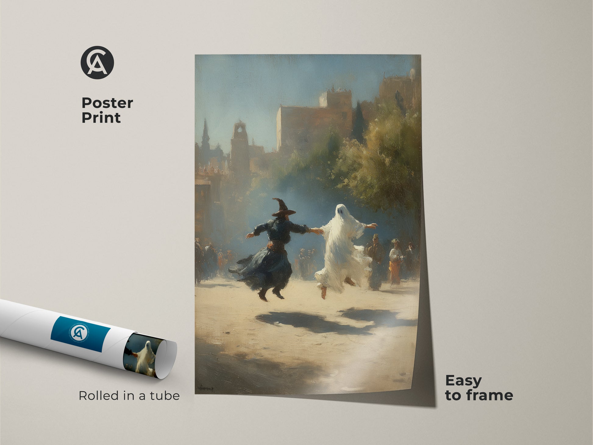 Poster print of gothic witch and ghost dance art. This Halloween fantasy wall art features classical realism in sepia tones. Easy to frame earth tone wall decor for a study room or eclectic home. Rolled in a tube for protection. A unique gift for gothic decor enthusiasts.