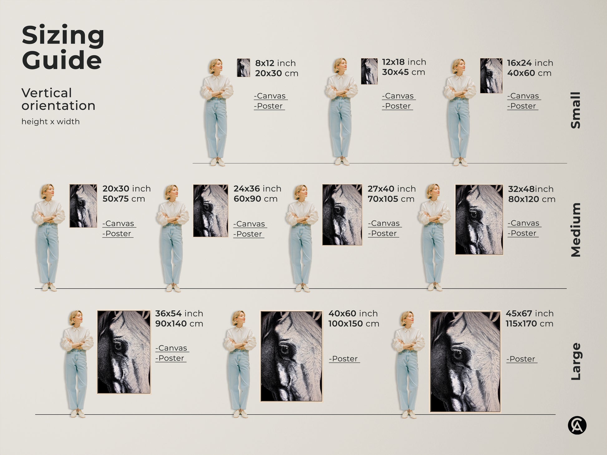 Sizing guide showcasing the horse portrait line art canvas print. Visualize different sizes from small to large. Perfect modern animal wall decor for various spaces. See how this unique horse art fits any room. It is a great gift.