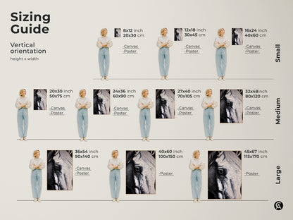 Sizing guide showcasing the horse portrait line art canvas print. Visualize different sizes from small to large. Perfect modern animal wall decor for various spaces. See how this unique horse art fits any room. It is a great gift.