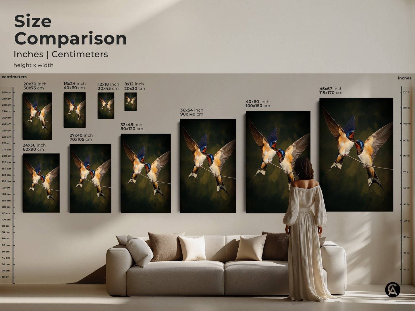 Size comparison of realistic swallow bird art prints in inches and centimeters. Visualize the scale with various sizes displayed over a couch. Choose from 20x30 cm to 45x67 inch prints. Perfect for nature wall art decor. Traditional home decor gifts for bird lovers. Enhance your space with classical bird art.