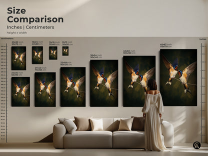 Size comparison of realistic swallow bird art prints in inches and centimeters. Visualize the scale with various sizes displayed over a couch. Choose from 20x30 cm to 45x67 inch prints. Perfect for nature wall art decor. Traditional home decor gifts for bird lovers. Enhance your space with classical bird art.