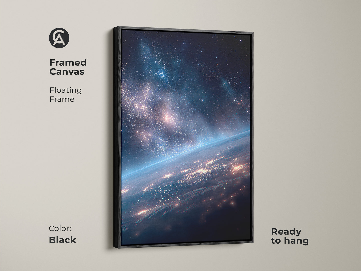 Framed canvas featuring Earth from space. This floating frame canvas is ready to hang. The black frame complements the space artwork. This framed art is a sophisticated choice for your home.