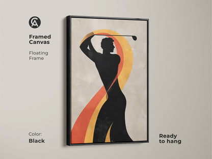 Framed black canvas featuring a silhouette of a golfer mid-swing against a backdrop of abstract curved shapes in black beige and orange. Ready to hang golf art. Modern retro office art.