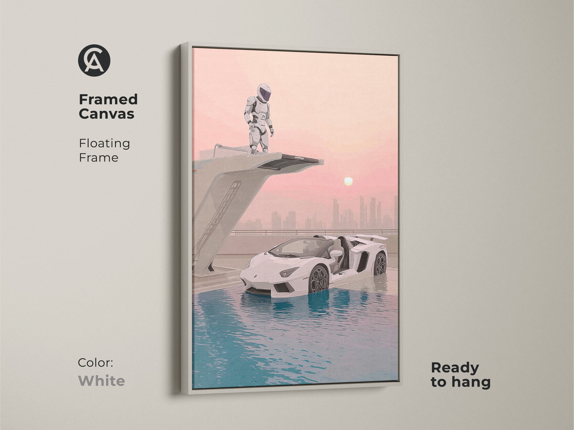 Framed canvas print of a surreal supercar artwork. The white floating frame enhances the futuristic astronaut art. The teal pink blue palette adds a modern touch to the sci-fi office decor. Ready to hang and is a unique gift for car enthusiasts.