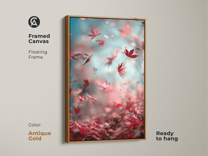 Framed canvas art showcasing falling maple leaves and an antique gold floating frame. Ready to hang for easy installation. This artwork brings a touch of elegance to your home decor. Enjoy the peaceful nature scene in your living space.