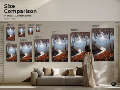 Size Comparison of Nature Landscape Canvas Art Print. See the sizes in inches and centimeters. The art displays an autumn forest river scene with a hiker. This impressionist painting is perfect as Scandinavian wall decor.