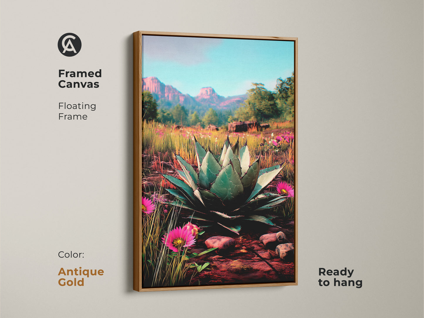 Antique Gold framed canvas art of a desert botanical scene. It's a southwest style art piece that's ready to hang. The floating frame accentuates its visual appeal. The green pink teal art features an agave plant artwork. This is a unique present for lovers of plant and southwestern art.