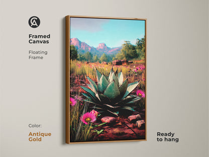 Antique Gold framed canvas art of a desert botanical scene. It's a southwest style art piece that's ready to hang. The floating frame accentuates its visual appeal. The green pink teal art features an agave plant artwork. This is a unique present for lovers of plant and southwestern art.