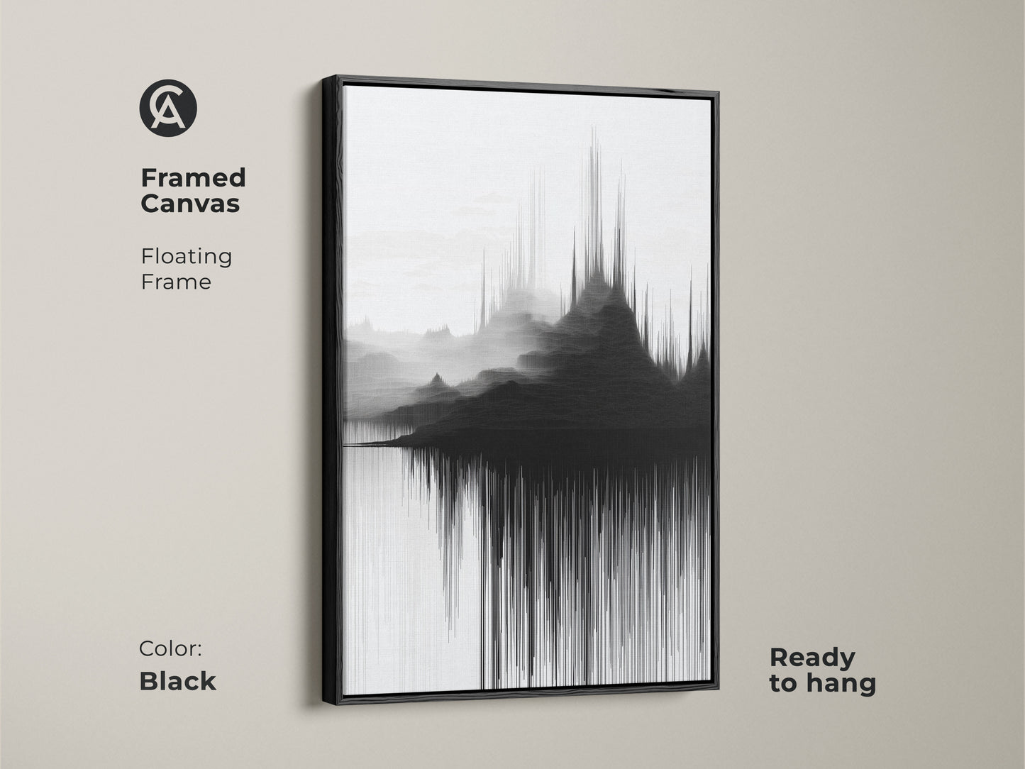 Floating frame enhances this framed canvas showcasing abstract soundwave mountain artwork. Contemporary black and white wall decor adds a sleek touch. Ready to hang this modern abstract art piece elevates any room. A stylish addition for home or office.