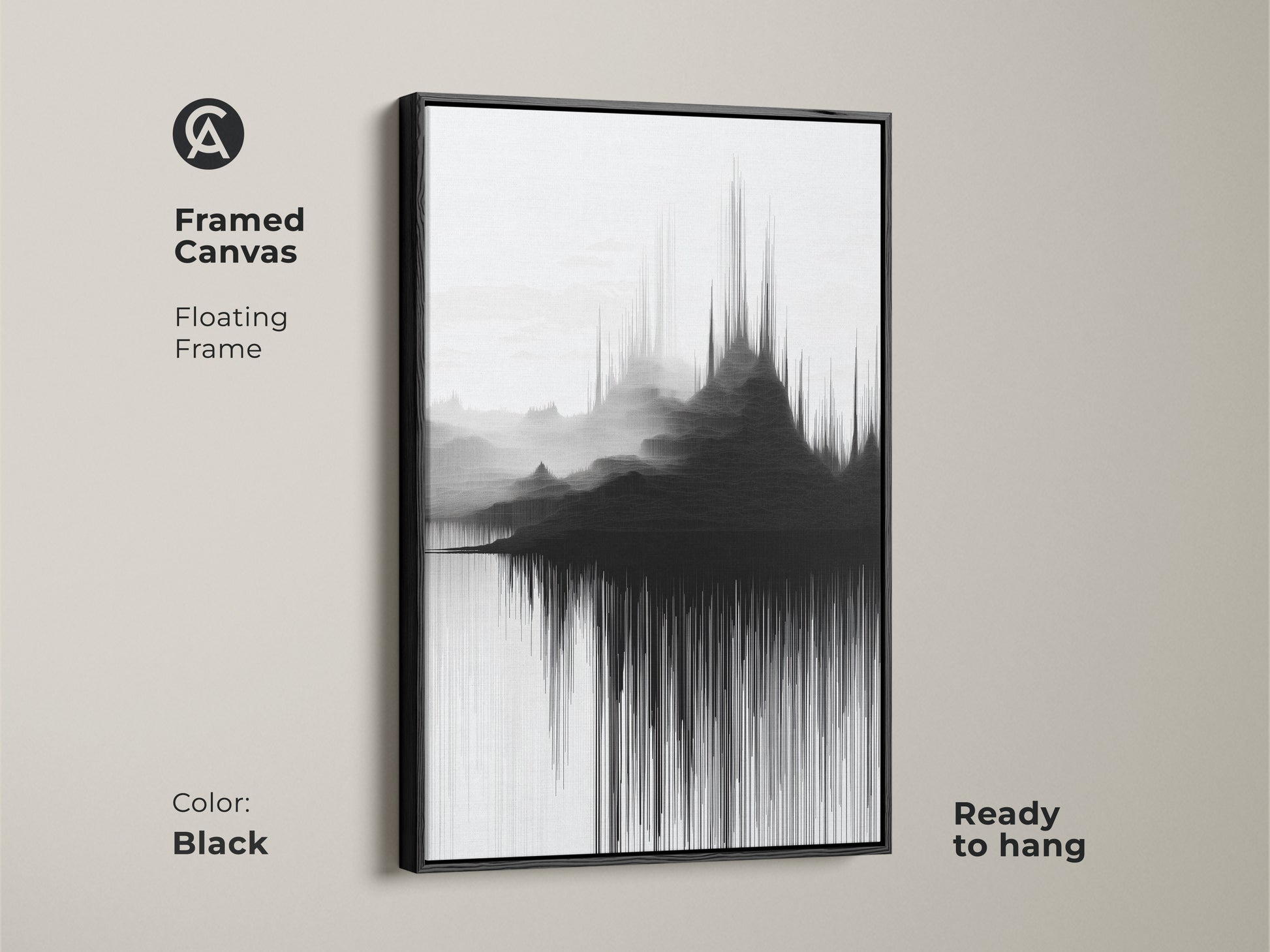 Floating frame enhances this framed canvas showcasing abstract soundwave mountain artwork. Contemporary black and white wall decor adds a sleek touch. Ready to hang this modern abstract art piece elevates any room. A stylish addition for home or office.