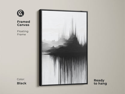 Floating frame enhances this framed canvas showcasing abstract soundwave mountain artwork. Contemporary black and white wall decor adds a sleek touch. Ready to hang this modern abstract art piece elevates any room. A stylish addition for home or office.