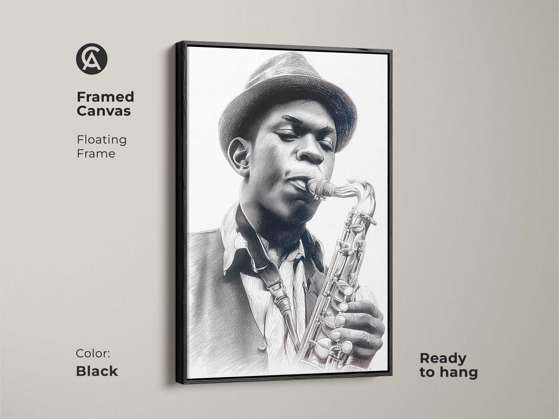 Framed canvas art featuring a musician with a saxophone. The floating frame is black. This canvas art is ready to hang. The musician in the artwork is wearing a fedora style hat. The art is a pencil sketch.