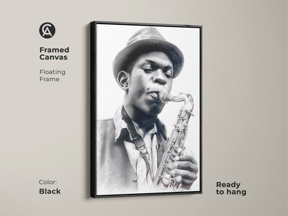 Framed canvas art featuring a musician with a saxophone. The floating frame is black. This canvas art is ready to hang. The musician in the artwork is wearing a fedora style hat. The art is a pencil sketch.
