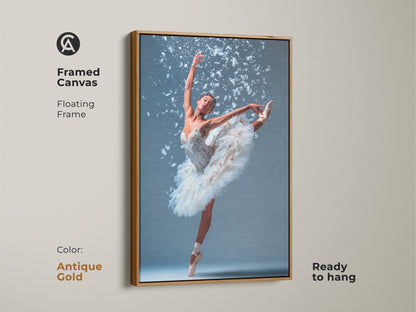 Framed canvas art featuring a ballerina. She is wearing a white tutu. She is en pointe with one leg extended. White feathers accent the artwork. The floating frame is antique gold. This beautiful ballet art is ready to hang.