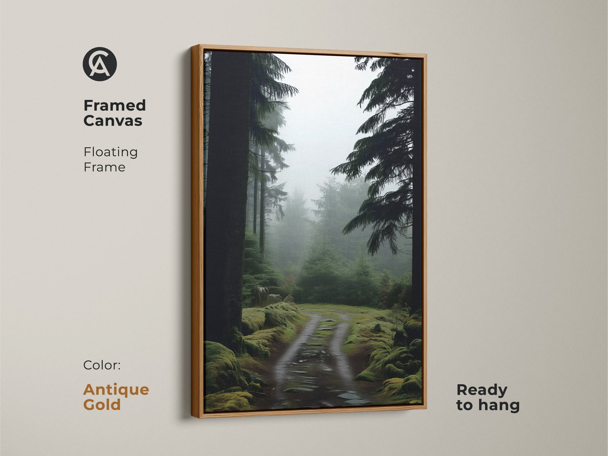 Framed canvas print of a misty forest path. Deep green pine trees bring a rustic nature vibe. Antique gold floating frame enhances the artwork. Ready to hang. Perfect as bedroom decor or a gift for hikers. A tranquil forest landscape.