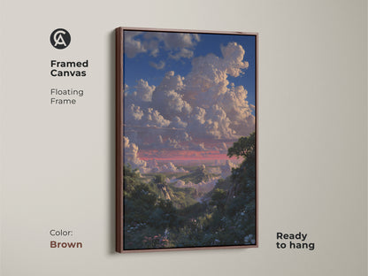 Framed canvas in brown displaying a scenic mountain view print. The blue green nature wall art is a perfect housewarming gift. Ready to hang cloudscape canvas art.