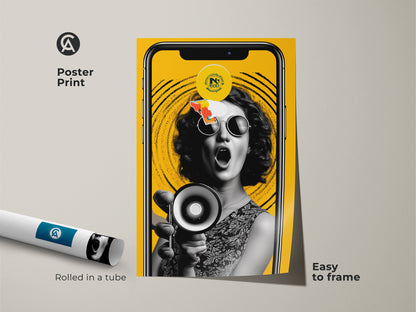 Poster print of a retro pop artwork featuring a woman with a megaphone against a yellow backdrop. The print is rolled in a tube for easy framing. This art adds a unique touch to your home office. Its vibrant colors make it a statement piece.