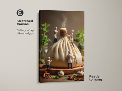Stretched canvas art print of tiny chefs crafting a massive dumpling. Gallery-wrapped with mirrored edges this ready-to-hang food artwork brings charm to your home. A delightful culinary art piece for modern interiors.